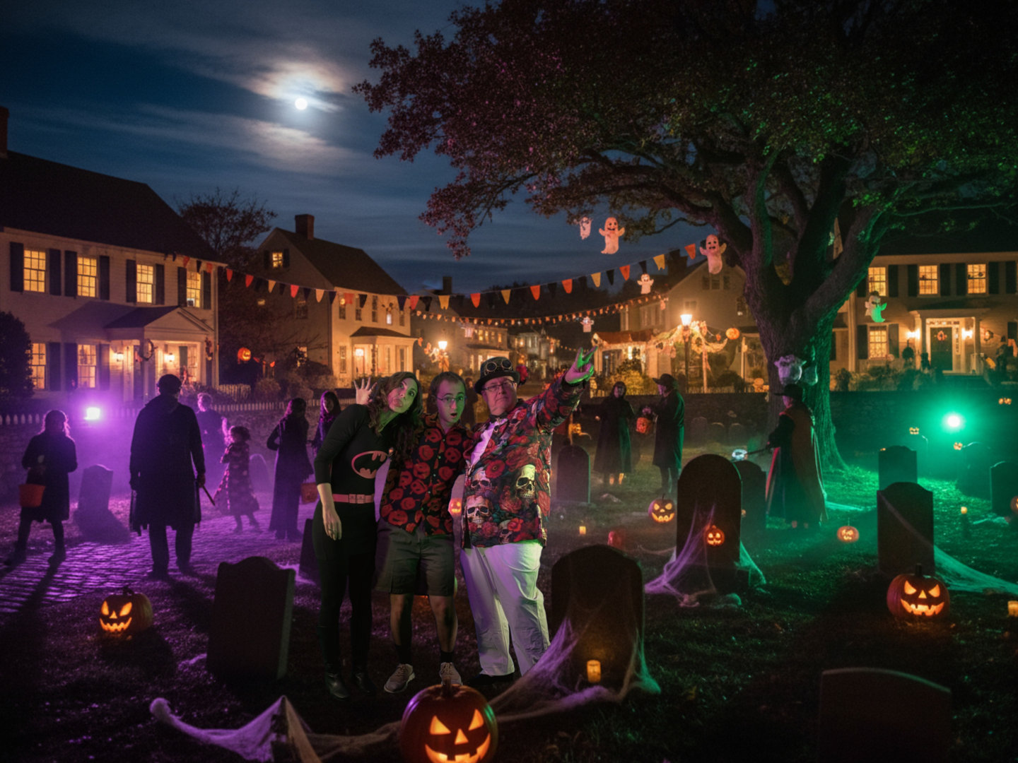 Family in a graveyard with halloween decorations