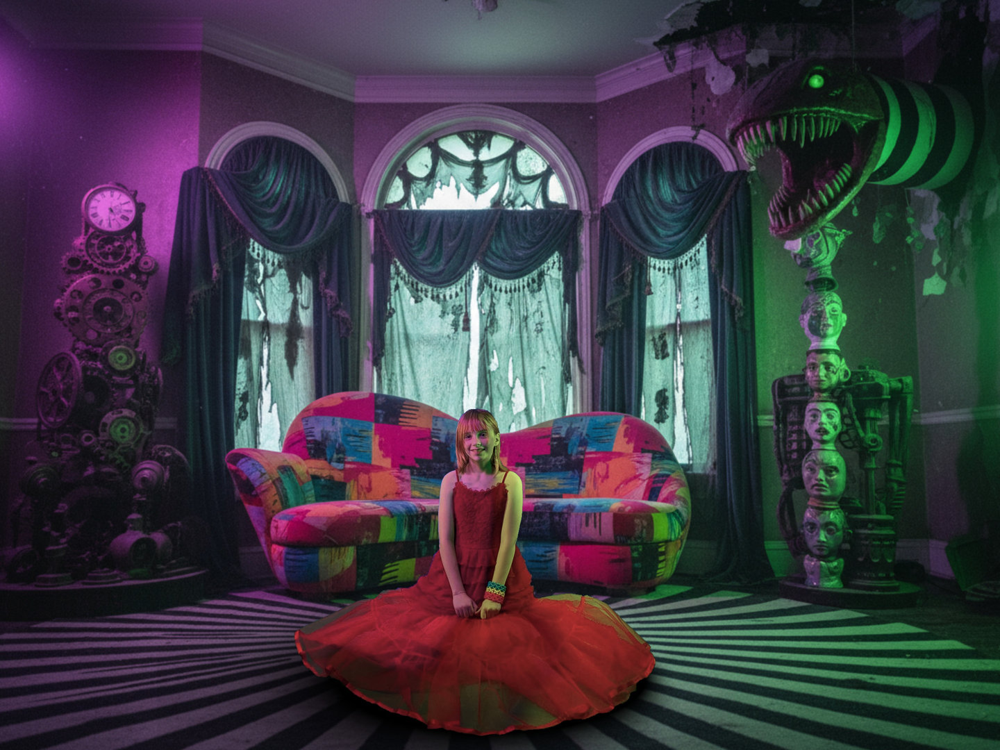 Girl sitting in a beetlejuice themed room
