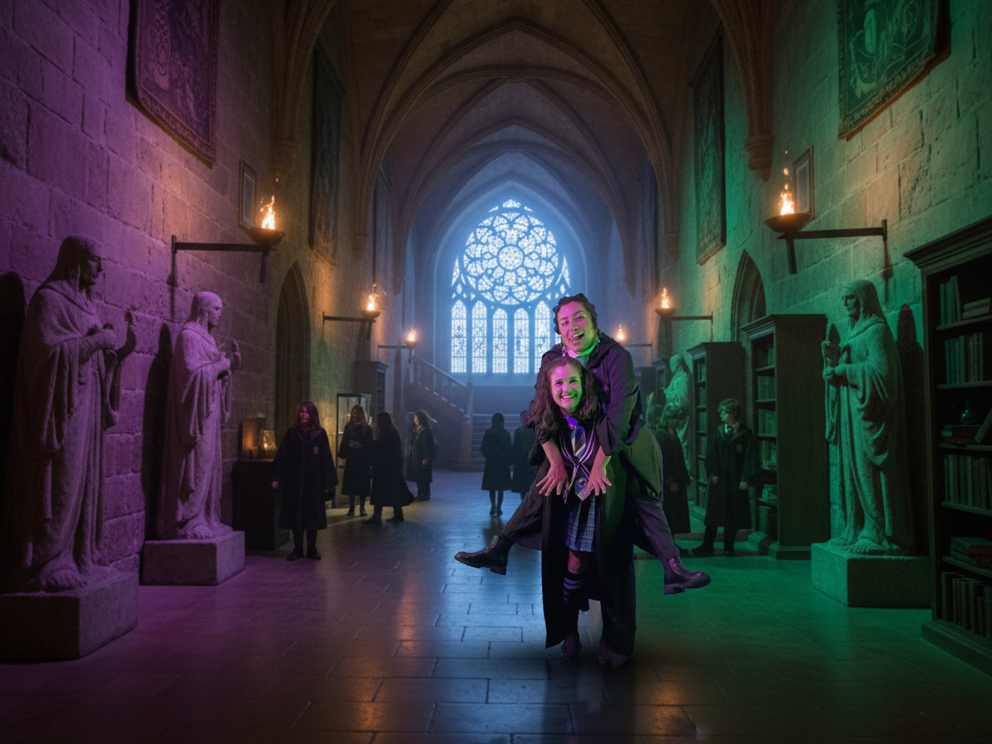 2 women hanging out in a wizards school hallway