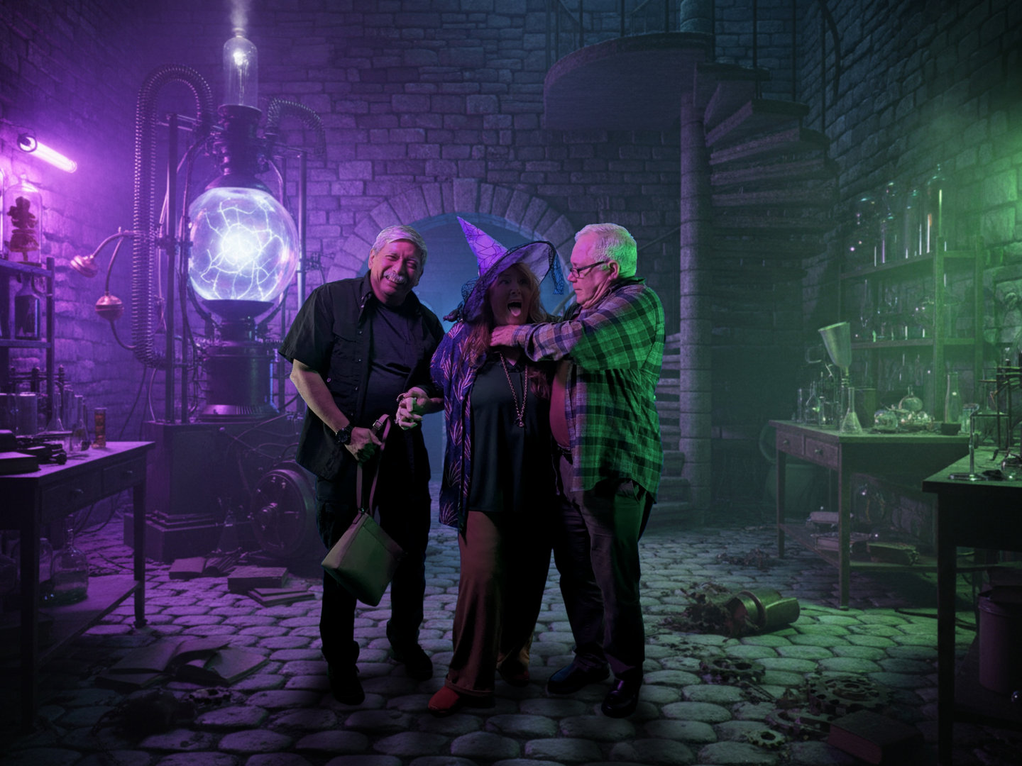 3 people in a mad sccientist lab arguing