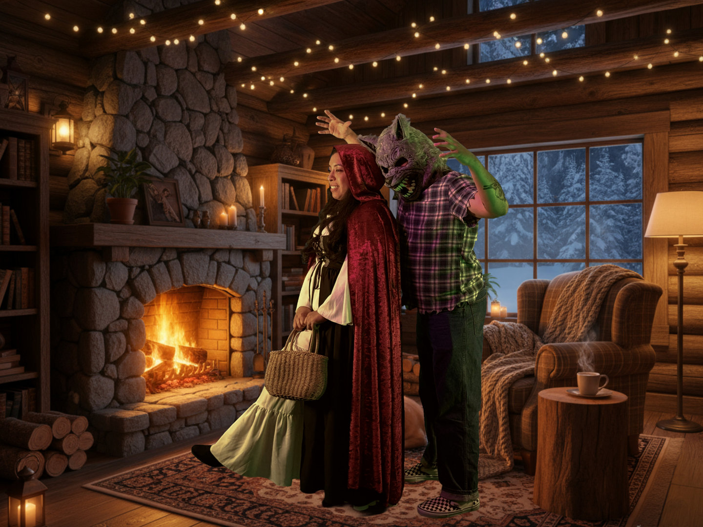 Woman and man dressed up as red riding hood and a werewolf