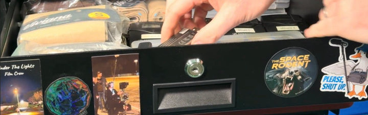 David Minard's cart drawer with stickers all over